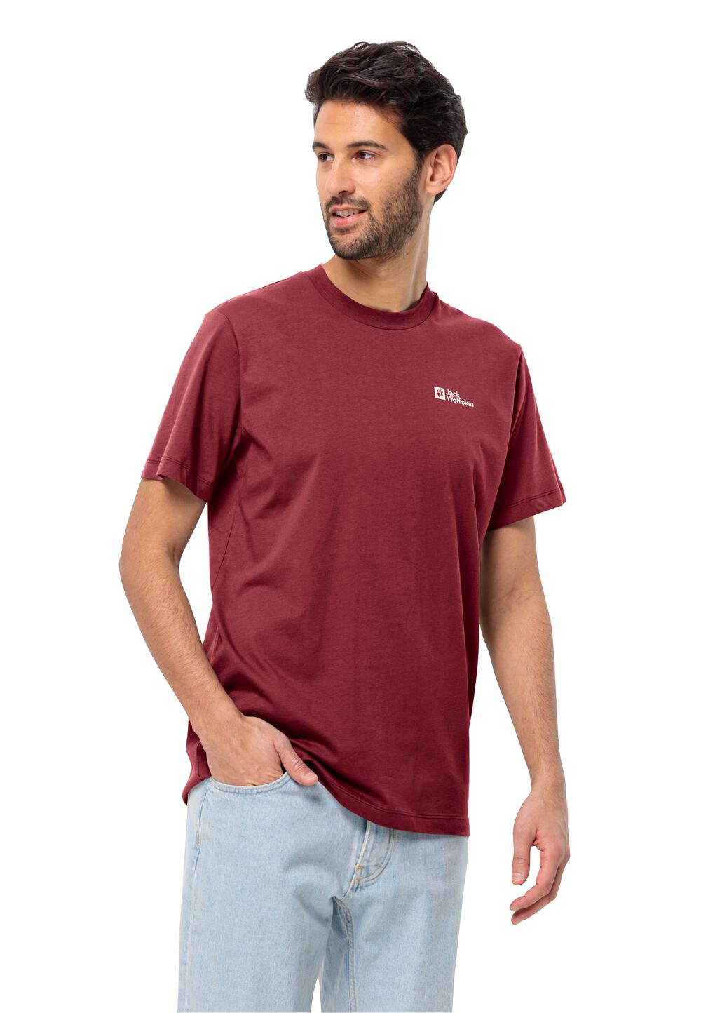 Jack Wolfskin Essential T-Shirt Men Heren T-shirt van biologisch katoen M purper deep ruby