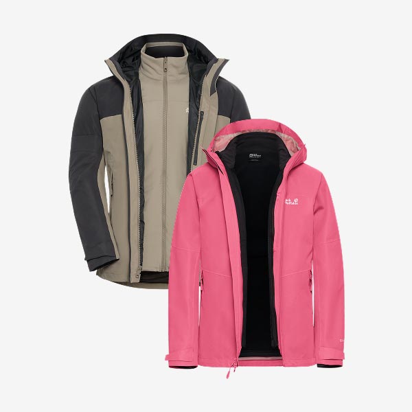 Het Wild Places 3in1 jack voor Heren in taupe en zwart en voor Dames in helder roze, beide met capuchon en ritssluiting.